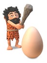 Funny caveman in 3d wearing an animal pelt and swinging his club to crack a dinosaur egg, 3d illustration