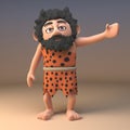 Funny caveman with a long beard and wearing an animal pelt gestures to the left, 3d illustration