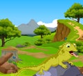 Funny chameleon cartoon in the jungle with landscape background