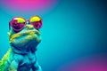 Funny chameleon with glasses on orange background - AI generated