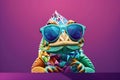 Funny Chameleon wearing sunglasses and colorful geometric pattern. 3D rendering