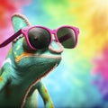 Funny chameleon wearing sunglasses in studio with a colorful and bright background. ai generative