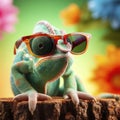 Funny chameleon wearing sunglasses in studio with a colorful and bright background. ai generative