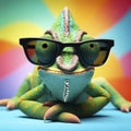 Funny chameleon wearing sunglasses in studio with a colorful and bright background. ai generative