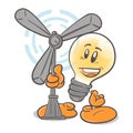 Funny character cartoon lightbulb. Wind turbine. On white background Royalty Free Stock Photo