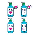 Funny character hand sanitizer bottles with facial expressions of happy, caring, affectionate, love. suitable for