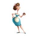 Funny character Housewife with a cake.