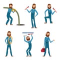 Funny character of repairman or plumber in different poses. Vector mascot design