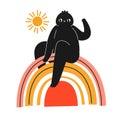 Funny character sit on rainbow. Abstract illustration for good vibes and positivity concept