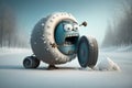 funny character, testing the traction of its winter tires on icy road