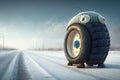 funny character, testing the traction of its winter tires on icy road