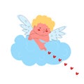 Funny character for Valentine's Day on the cloud. Cupid shoots hearts. Editable stroke. Vector illustration