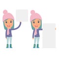 Funny Character Winter Girl holds and interacts with blank forms