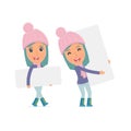 Funny Character Winter Girl holds and interacts with blank forms