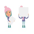 Funny Character Winter Girl holds and interacts with blank forms