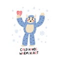 Funny character Yeti with heart in hand.