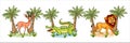 Funny characters animals gazelle, crocodile, lion with palm trees in cartoon style.