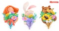 Funny characters with bouquet of flowers. Girl, easter bunny, bear. Plasticine art objects. vector icon set