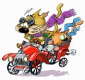 Funny characters of cats racing in an old retro car