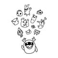 Funny characters and doodles collection. Vector illustration. for the design of t-shirts, children s clothing, fabrics