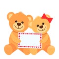 Funny characters are two teddy bears that hug and hold in their paws a card with space for your text. Valentine`s day concept, Royalty Free Stock Photo