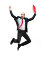 Funny cheerful businessman jumping in air over white background Royalty Free Stock Photo