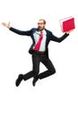 Funny cheerful businessman jumping in air over white background Royalty Free Stock Photo