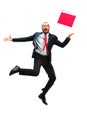 Funny cheerful businessman jumping in air over white background Royalty Free Stock Photo