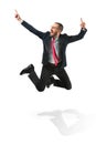 Funny cheerful businessman jumping in air over white background Royalty Free Stock Photo