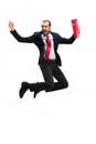 Funny cheerful businessman jumping in air over white background Royalty Free Stock Photo