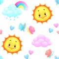 A funny cheerful mood pattern of sky with cute suns, colorful clouds, rainbows, butterflies and hearts.