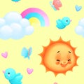 A funny cheerful mood pattern of sky with happy suns, birds, clouds, rainbows, butterflies and hearts.