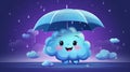 Funny cheerful rain cloud taking cover beneath umbrella, cute cloud exudes a sense of fun