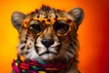 Funny cheetah wearing sunglasses in studio with a colorful and bright background. Generative AI