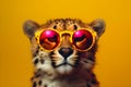 Funny cheetah wearing sunglasses in studio with a colorful and bright background. Generative AI