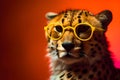 Funny cheetah wearing sunglasses in studio with a colorful and bright background. Generative AI