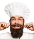 Funny chef with beard cook. Portrait of a happy chef cook. Cook hat. Bearded chef, cooks or baker. Bearded male chefs