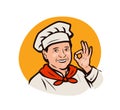 Funny chef. Cooking, restaurant menu logo or label. Vector illustration