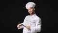 Funny Chef Man Sharpening Knives Standing, Studio Shot, Panorama