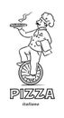 Funny chef on monocycle with pizza. Emblem design