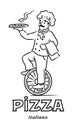 Funny chef on monocycle with pizza. Emblem design