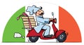 Funny chef on scooter. Pizza delivery Royalty Free Stock Photo