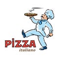 Funny chef walking with pizza. Emblem design