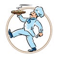 Funny chef walking with pizza. Emblem design