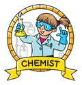 Funny chemist or scientist. Emblem.