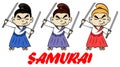 Funny chibi samurai with two katanas. Cute ninja samurai warrior fighter character in three color styles. Design for print, t-shi