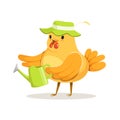 Funny chicken gardener wearing a green hat standing and holding a watering can colorful character vector Illustration Royalty Free Stock Photo