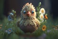 The funny chicken standing in the meadow with a curious look