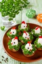 Funny chickens from eggs on the Easter table Royalty Free Stock Photo