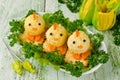 Funny chickens from eggs on the Easter table Royalty Free Stock Photo